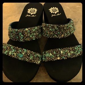 Yellowbox Sandals - Turquoise, beaded double strap